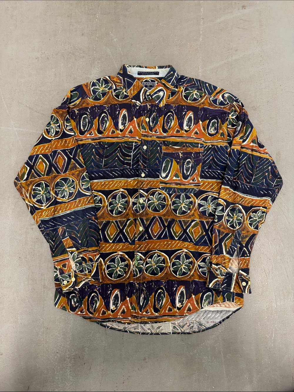 Vintage 90s Drummer Boy Patterned Long-Sleeve Button-Down Shirt - Navy & Mustard